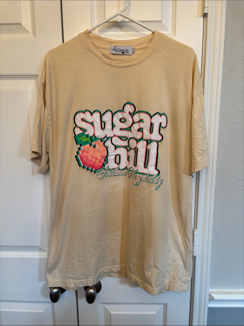 Sugarhill Beige Graphic Short Sleeve Tee with Pink Accent